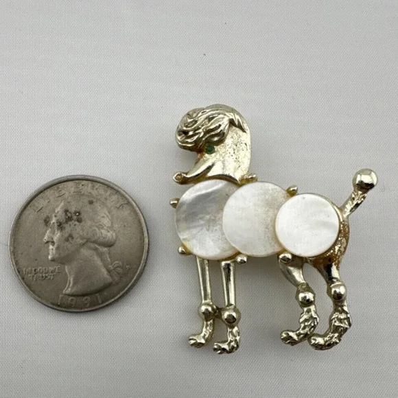 Gold Tone Poodle Shaped Brooch with Mother of Pearl, White Accents, Green Eye - Picture 3 of 3